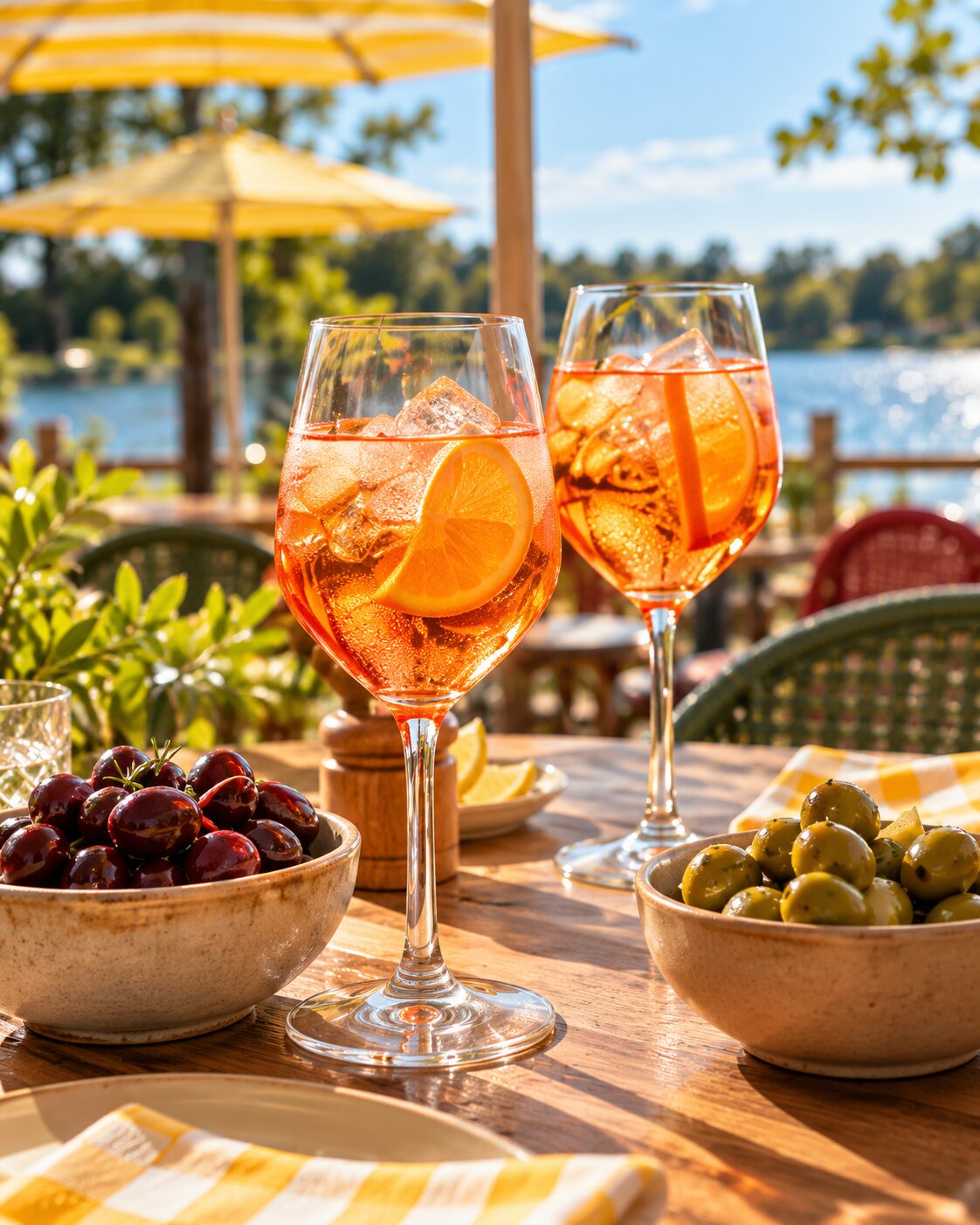 Sfeerimpressie van twee spritzcocktails en olijven op het terras van Brisa