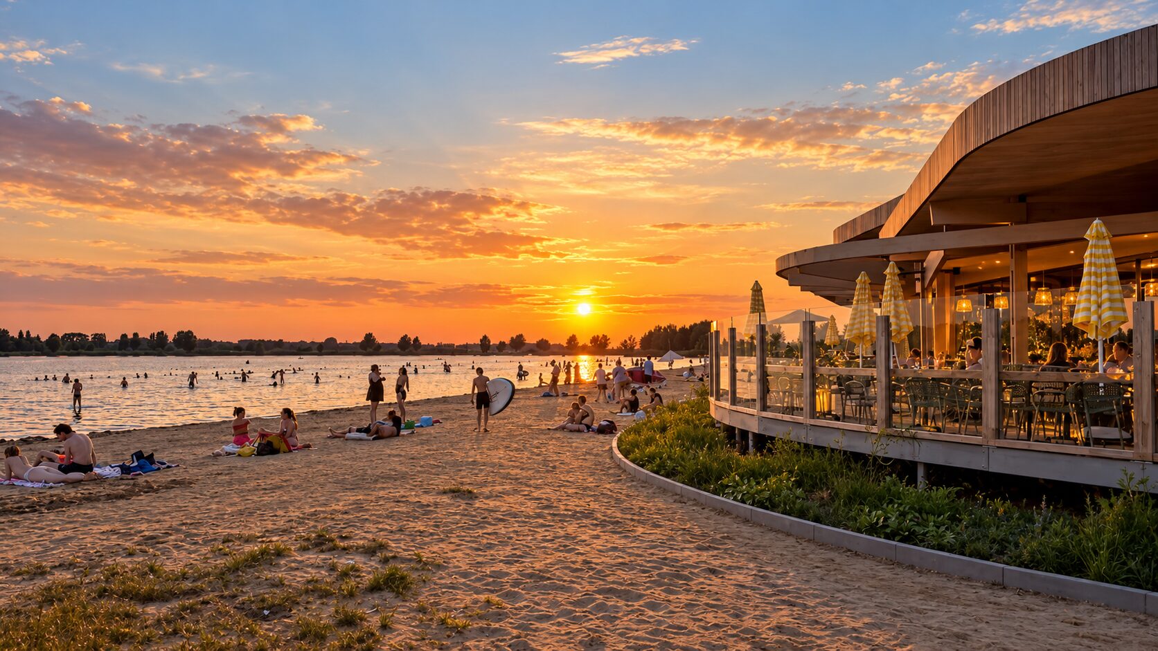 Sfeerimpressie van het houten Brisa-paviljoen, strand en water van de Haarrijnse Plas bij een gouden zonsondergang